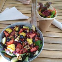 Veggies/fruits salad and wrap with falafels at Anguilla Surf Café in Melides