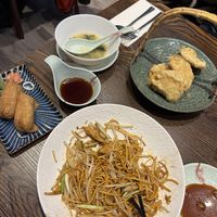 Inari Sushi, Plant Based Chicken Chow Mein, Sweet Potato Tempura   at Hikari  in Chepstow