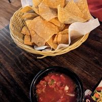 Chips and salsa appetizer (this also comes with beans which have pork) at Lindo in Appleton