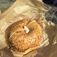 Onion bagel with onion tofu   at Liberty Bagels - 5th Ave in New York City