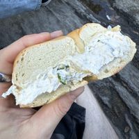 Plain bagel with artichoke and spinach tofu   at Liberty Bagels - 5th Ave in New York City
