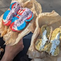 Tofu blueberry on liberty and tofu spinach artichoke on jalapeño everything at Liberty Bagels - 5th Ave in New York City