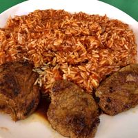 Basmati rice with tomato sauce and soya steak  at Vege Fast Food in Split