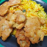 Number 6: breadcrumbed oyster mushrooms and rice with vegetables at Vege Fast Food in Split