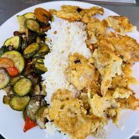 Rice veggies and chickpea battered oyster mushrooms at Vege Fast Food in Split