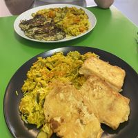 Courgette fritters with rice & fried tofu with rice   at Vege Fast Food in Split