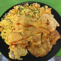 Rice with chickpea flour fried mushrooms  at Vege Fast Food in Split