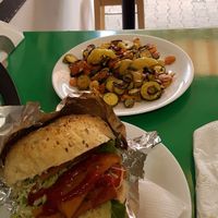 Seitan sandwich and grilled vegetables at Vege Fast Food in Split