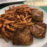 Pasta with tomato sauce and soya chunks at Vege Fast Food in Split