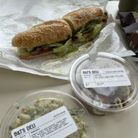 Potato salad, cherry tomatoes with cashew cheese, & the meadow soprano sub.  at B&T's Deli in Santa Monica