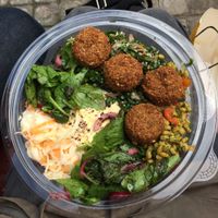 Fresh Falafel Lunch Box.
A selection of fresh salad mixes, houmous and fresh, crispy falafel. (swapped couscous option for extra spinach mix) at Go Falafel - Piccadilly Gardens in Manchester