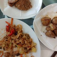 Amazing noodles, tasty potatoes and incredible vegan "meat" made with soy at Tian Jie in Nazare