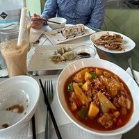 Sushi, dumplings, chinese pancake and vegan meat and vegetables sweet and sour dish. at Tian Jie in Nazare