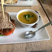 BLATS sandwich - so delicious!! With cream of broccoli soup!  at enVie A Vegan Kitchen in Halifax