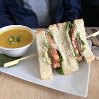 B.L.A.T.S. Sandwich (regular bread) with Broccoli soup - the seiten bacon is so good! at enVie A Vegan Kitchen in Halifax