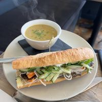 Mushroom Banh Mi sandwich and roasted broccoli soup  at enVie A Vegan Kitchen in Halifax
