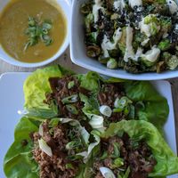 corn chowder (small size), crispy Brussels sprouts and crumbled-soy lettuce wraps at enVie A Vegan Kitchen in Halifax