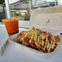 Vegan nachos with vegan Thai tea at Kokoz in Hilo