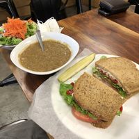 Hummus & veggie sandwich, Indian lentil curry, side salad (no dressing)  at Ninth Street Bakery in Durham