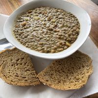 Lentil soup w side of 7-grain bread - amazing!  at Ninth Street Bakery in Durham