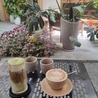 Matcha Oatmilk Latte w/ esoresso shot and Cappuccino w/ oatmilk at Corn Coffee in Da Nang