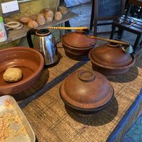 Cooking pots with curries. Roti dough  at White Elephant Cookery Class in Ella