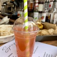 Raspberry lemonade with pineapple popping boba   at Little Audrey's Plant Based Mobile Cafe in Inverness
