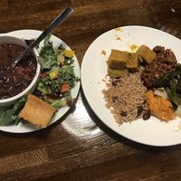 Veg soup, salad, coconut bread, veg chickun curry, veg chili, rice and peas, sweet potato casserole and cabbage. All on buffet  at Mango's Caribbean Cookhouse in Huntsville
