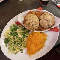  Vegan lentil, vegetable, bean and tofu stew with herby dumplings and “buttered” veg. Delicious    at The Station Inn in Carnforth