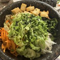 Bibimbap in stone bowl with fried tofu and no egg  at Koreana Restaurant in San Antonio