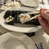 Inside the Gimbap not very filled with veggies and tofu but appreciate the option   at Koreana Restaurant in San Antonio