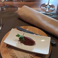 Meal n.1 of 5 course menu (vegan tatarski biftek and bread) at Harfa in Ljubljana