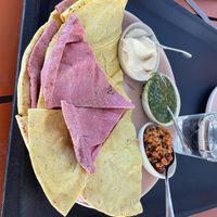 Flatbread with hummus pesto and tomato dip (baba ganush contains egg?!)  at Museumcafé Centraal in Utrecht