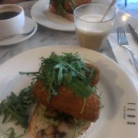 Vegan croquettes with mushrooms and avocado on toast. + plantbased latte   at Teds Eindhoven in Eindhoven