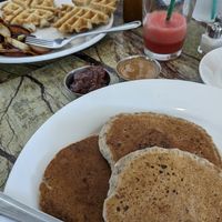 Vegan Pancakes + Kids Vegan Waffles with Almond butter and strawberry jam on side at Fresh First - Maybe closed in Fort Lauderdale