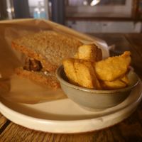 Vegetable burger and fries (all homemade) at Beach Muffin in Zushi