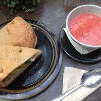 Masala Potato and Mustard Broccoli Sandwich with Beet soup.  at Beach Muffin in Zushi