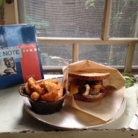 Veggie Burger and fries with a side of Jazz at Beach Muffin in Zushi