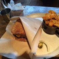 Burger and fries with a kind of cornbread tempura coating. at Beach Muffin in Zushi