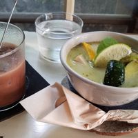 iced chocolate mint drink with soymilk and green curry soup at Beach Muffin in Zushi