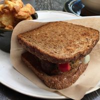 Vegan “burger” with battered fries at Beach Muffin in Zushi
