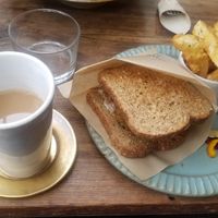 soymilk chai and veggie burger with fries at Beach Muffin in Zushi