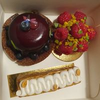 Blueberry cake, raspberry cake, coconut-espresso cake at Pepite in Brussels