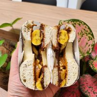 Dark Choc with Homemade Peanut Butter Jam. Real Yum. at Bagel's Dream in George Town