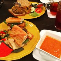 Sweet Potato and Black Bean Burger, Tomato Red Pepper Soup of the Day, Seared Tofu Sandwich (special of the day), iced Hibiscus Berry tea, Earl Grey at Infini-T Cafe and Spice Souk in Princeton