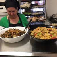 Mrs Pat and her delicious homemade pasta and roasted veggies at Vegan Take Out Plus in Tampa