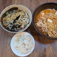 Shoyou vegan ramen, silken tofu mazemen, extra rice at Umamido - Honest Ramen in Brussels