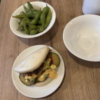 The bao bun is only veggie due to the spicy mayo😒and the edamame are such a small portion for 6€  at Umamido - Honest Ramen in Brussels