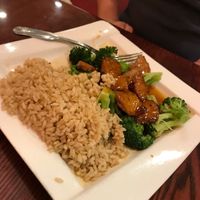 Vegan chicken, rice and broccoli at The Original Buddha Bodai - Kosher Vegetarian Restaurant in New York City