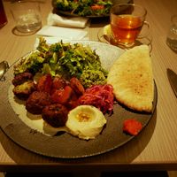 The Plant More Plate with falafel, hummus and pita at plant more in Tokyo